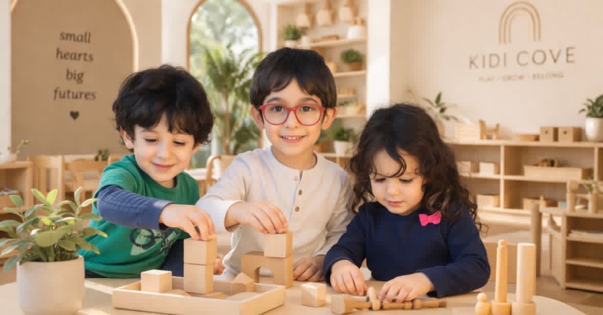 Three children happily playing with wooden building blocks at Kidi Cove childcare