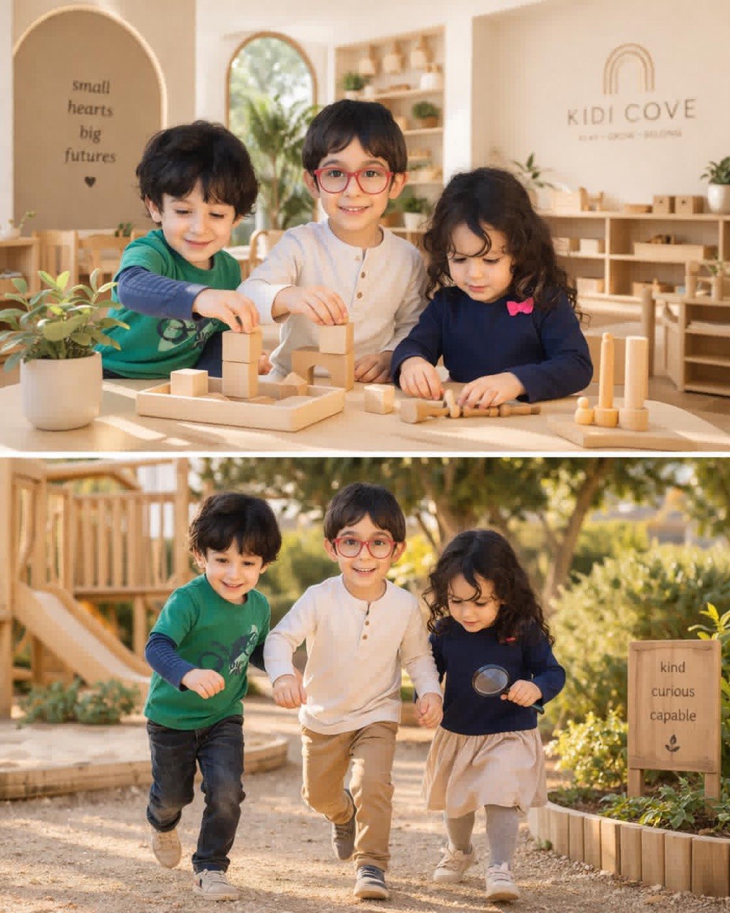 Children playing indoors and exploring outdoors at Kidi Cove